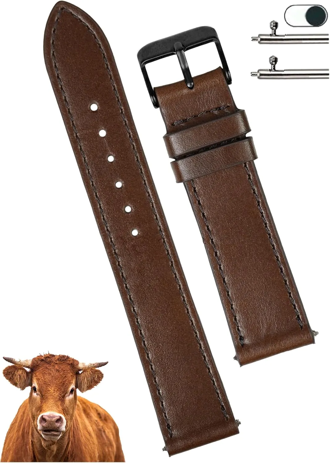 19mm Flat Dark Brown Leather Watch Band Men Quick Release Handmade Leather Strap, Slim Replacement Wristband Stainless Steel Buckle, Christmas Father's Day Gift for Dad Husband DH-NO-203B-19MM