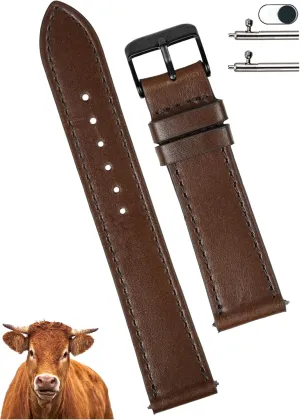 19mm Flat Dark Brown Leather Watch Band Men Quick Release Handmade Leather Strap, Slim Replacement Wristband Stainless Steel Buckle, Christmas Father's Day Gift for Dad Husband DH-NO-203B-19MM