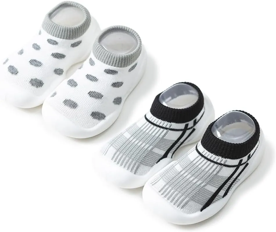 2 Pairs Baby First Walking Shoes Non-Slip Toddler Sock Shoes Girls Boys Slip On Sneakers Infant Slippers Lightweight