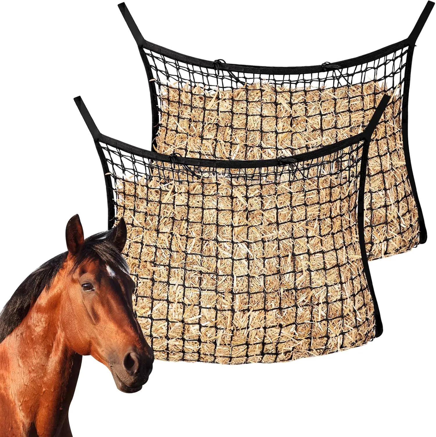 2 Pcs Slow Feed Hay Nets for Horses, Hanging Horse Slow Feed Hay Bag with Large Capacity, Ultra Slow Soft Flat Feeder Bag for Horses Goat(31.5" X 35.1")