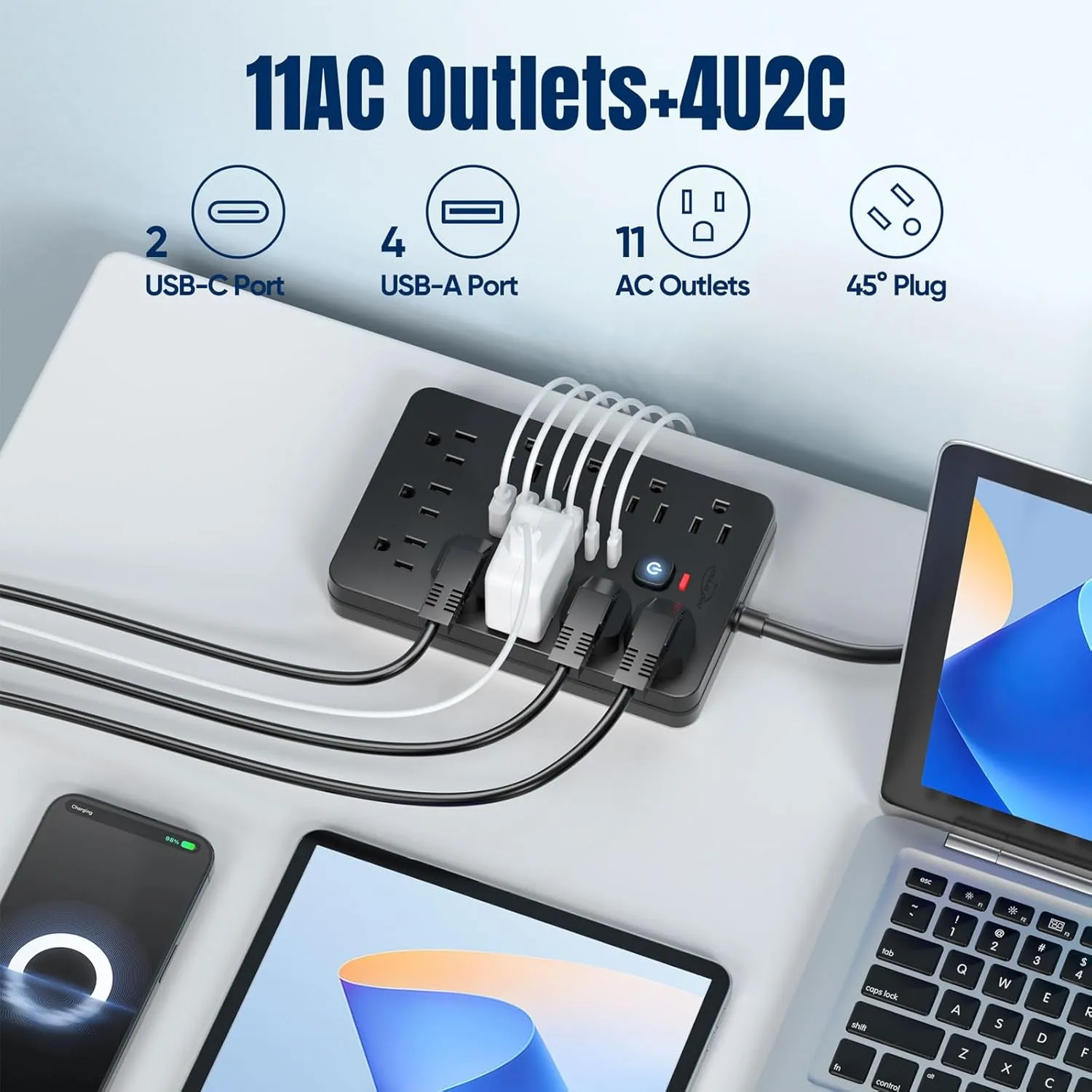 2PCS JouleLoom 6 FT Flat Plug Surge Protector Power Strip,11 Multiple AC Outlets with 6 USB Ports (2 USB C), 6 Feet Extension Cord, 1250W/10A, One Touch Switch Button, 17 in 1 Compact powerstrip