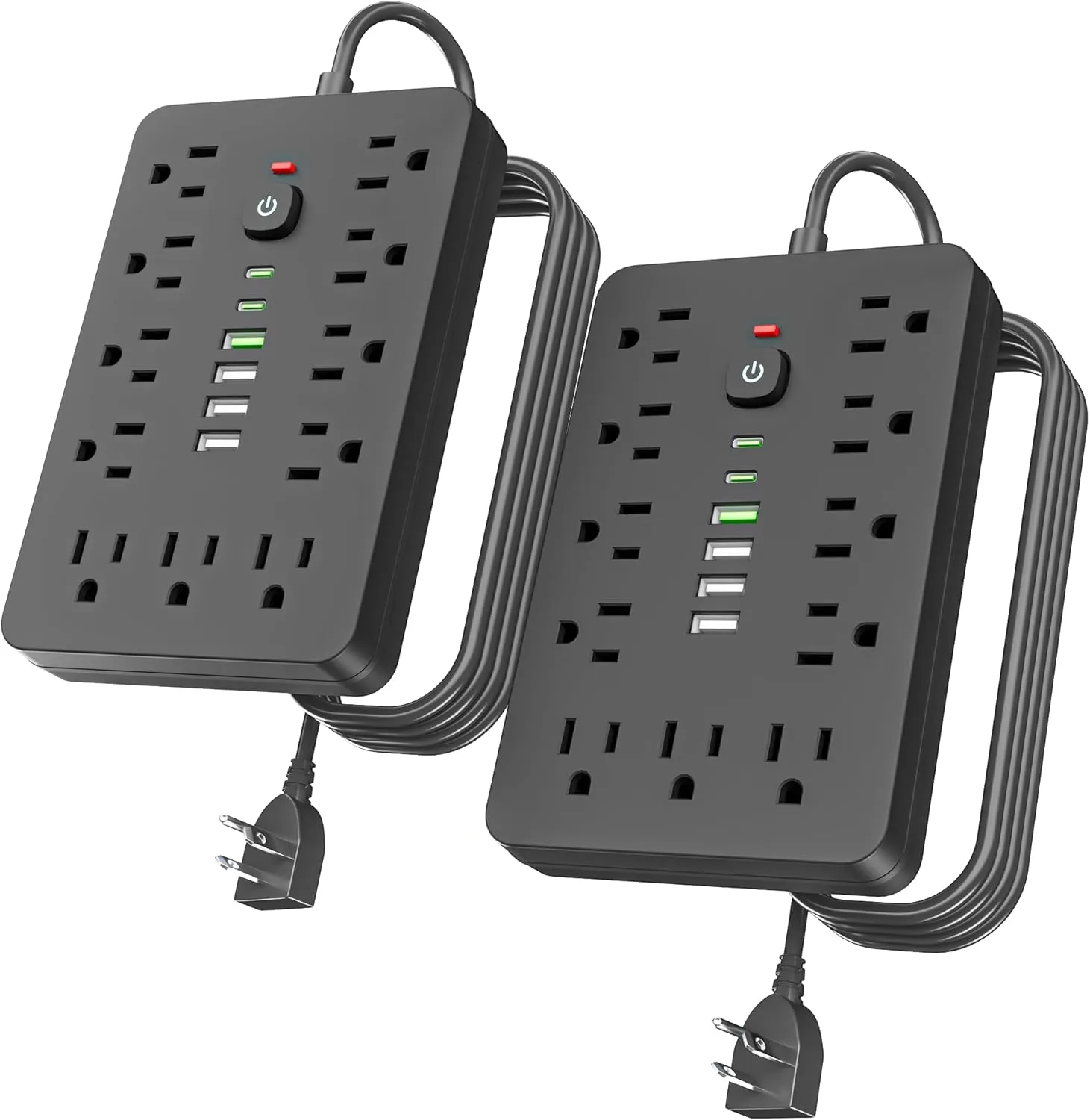 2PCS JouleLoom 6 FT Flat Plug Surge Protector Power Strip,11 Multiple AC Outlets with 6 USB Ports (2 USB C), 6 Feet Extension Cord, 1250W/10A, One Touch Switch Button, 17 in 1 Compact powerstrip