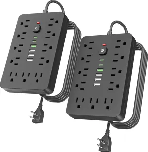 2PCS JouleLoom 6 FT Flat Plug Surge Protector Power Strip,11 Multiple AC Outlets with 6 USB Ports (2 USB C), 6 Feet Extension Cord, 1250W/10A, One Touch Switch Button, 17 in 1 Compact powerstrip