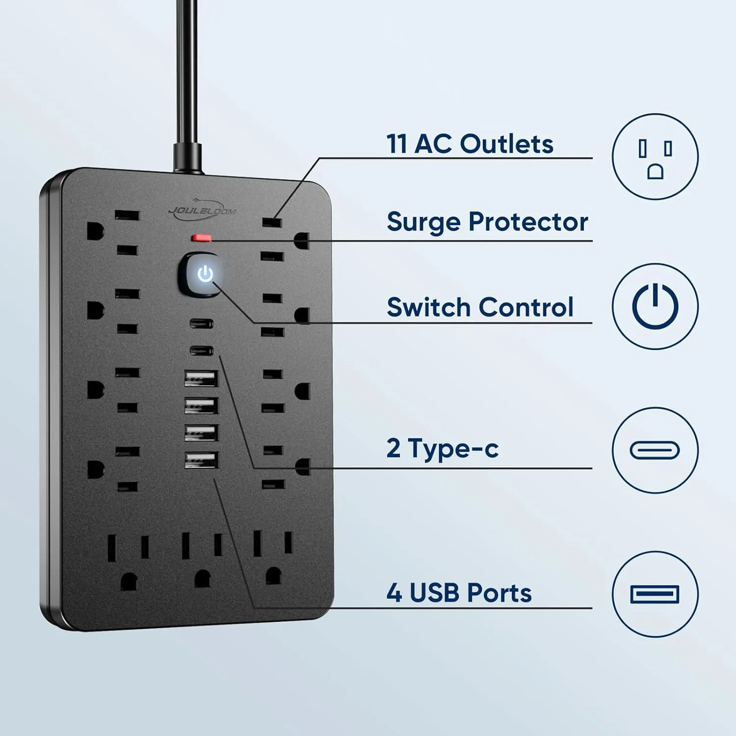 2PCS JouleLoom 6 FT Flat Plug Surge Protector Power Strip,11 Multiple AC Outlets with 6 USB Ports (2 USB C), 6 Feet Extension Cord, 1250W/10A, One Touch Switch Button, 17 in 1 Compact powerstrip
