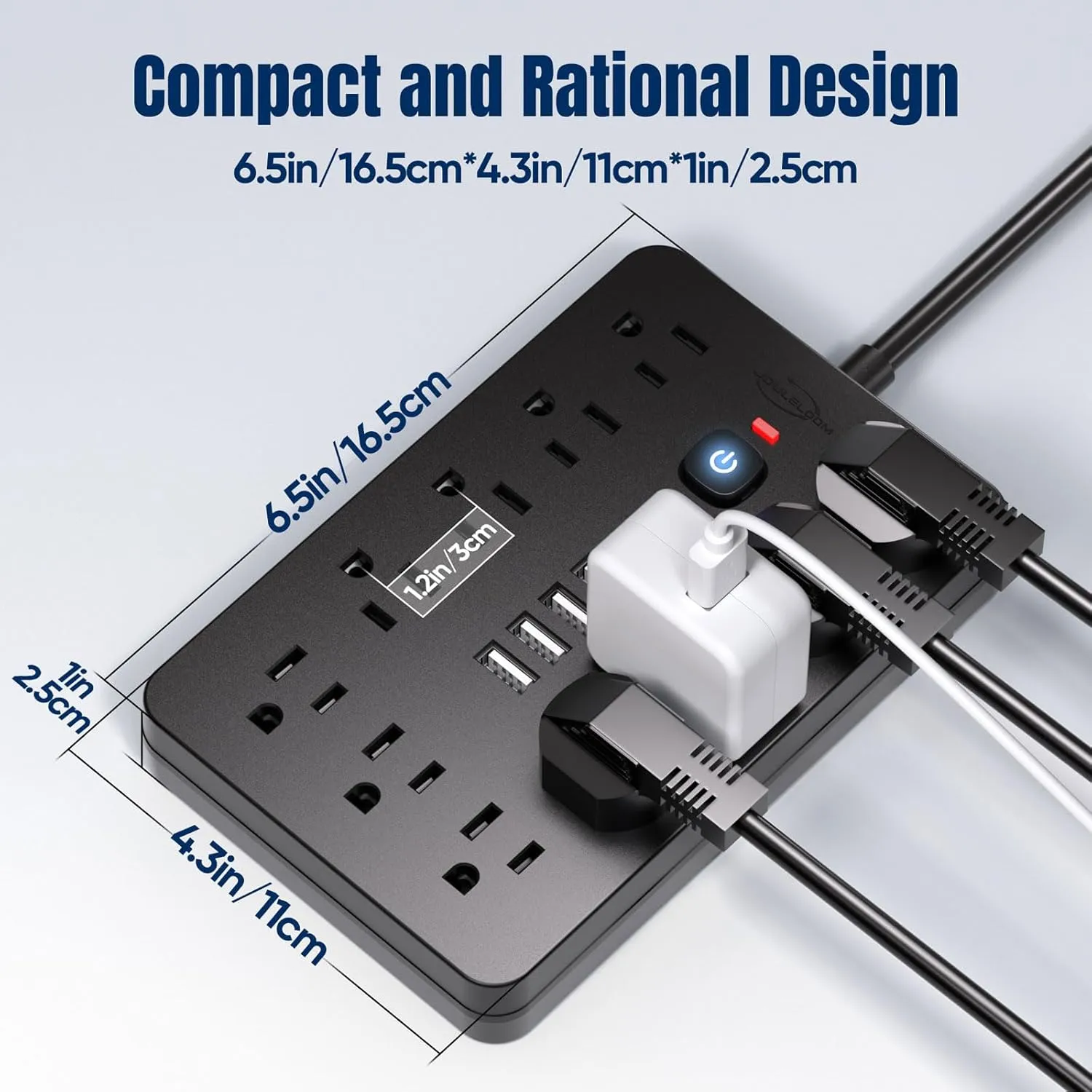 2PCS JouleLoom 6 FT Flat Plug Surge Protector Power Strip,11 Multiple AC Outlets with 6 USB Ports (2 USB C), 6 Feet Extension Cord, 1250W/10A, One Touch Switch Button, 17 in 1 Compact powerstrip
