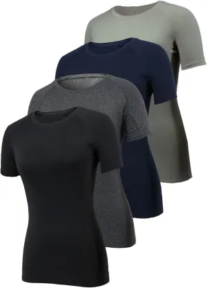 4 Pack Short Sleeve Compression Shirt Women Workout Athletic Baselayer Yoga Softball T-Shirts Cool Running Tops