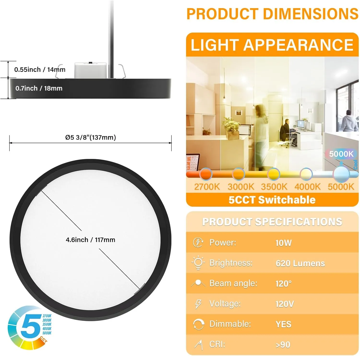 5 Inch Black Flush Mount Ceiling Light 5CCT Selectable LED Edgelit Slim Surface Mount Downlight for J-Box, Mini Flat Panel Light, Dimmable, 120VAC, 10W, 600LM, CRI90, ETL, Wet Rated, 12 Packs