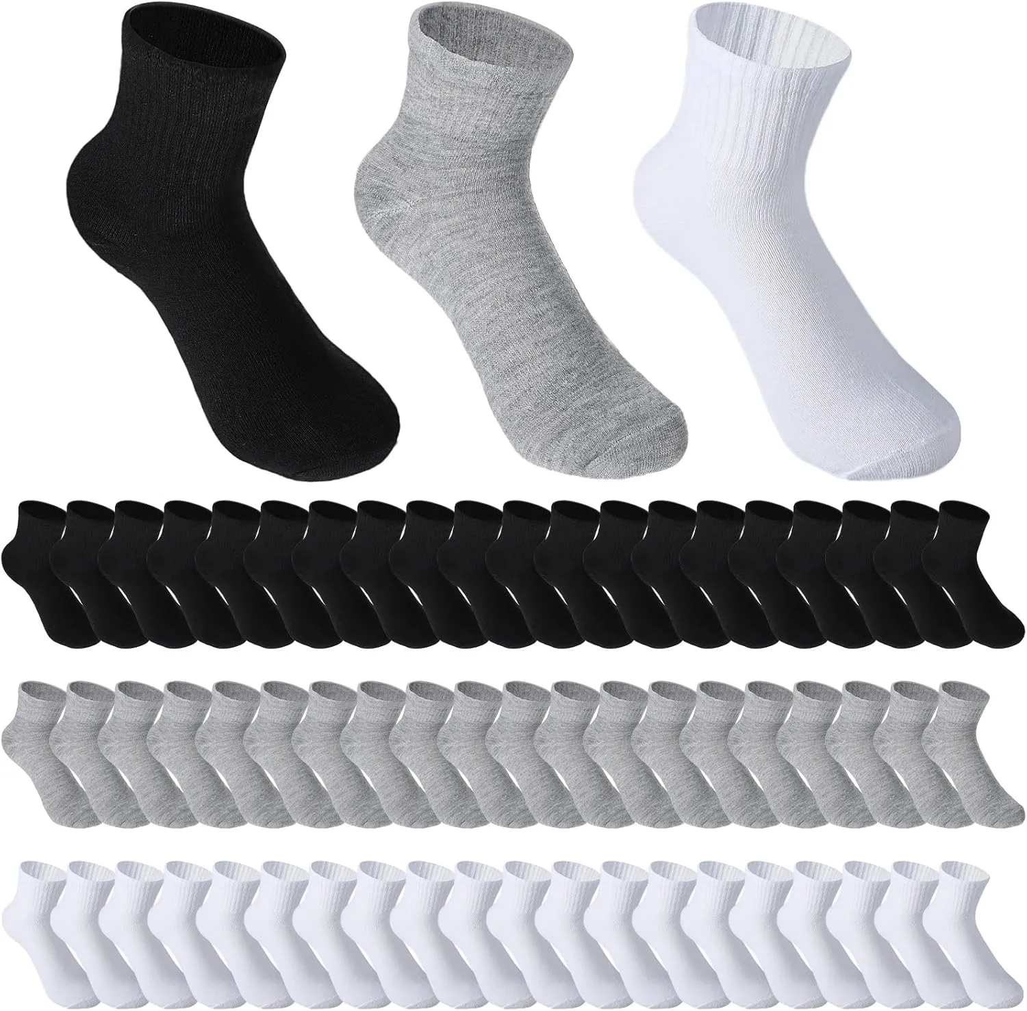 60 Pairs Men's Quarter Ankle Crew Socks - Wicking, Casual Sports Athletic Socks for Adults (Black, White, Grey)