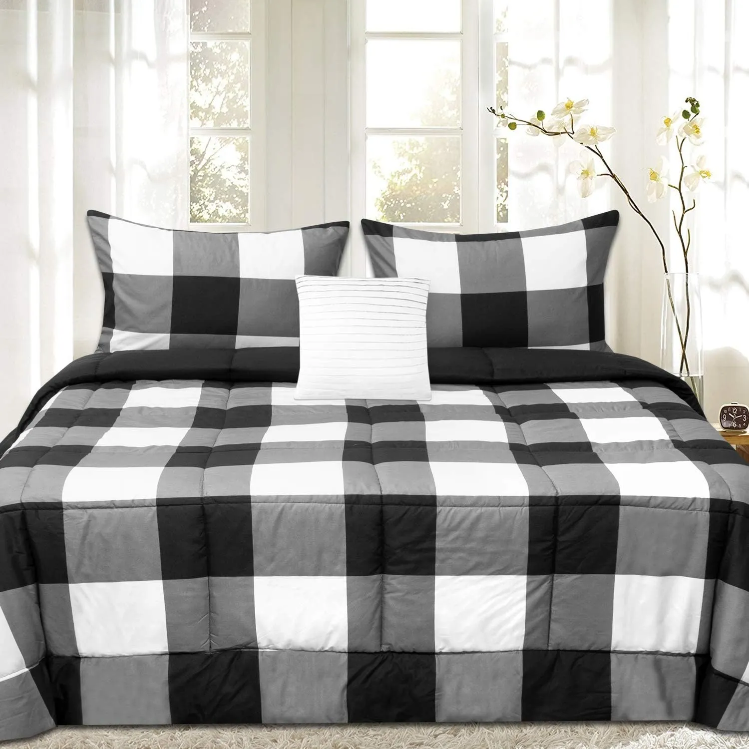7 Piece Comforter Set Bag Solid Color All Season Soft Down Alternative Blanket & Luxurious Microfiber Bed Sheets, King, Buffalo Plaid Black/White/Black Sheet