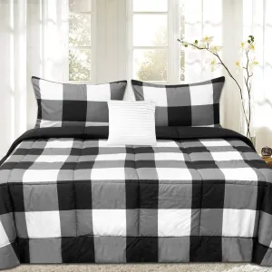 7 Piece Comforter Set Bag Solid Color All Season Soft Down Alternative Blanket & Luxurious Microfiber Bed Sheets, King, Buffalo Plaid Black/White/Black Sheet