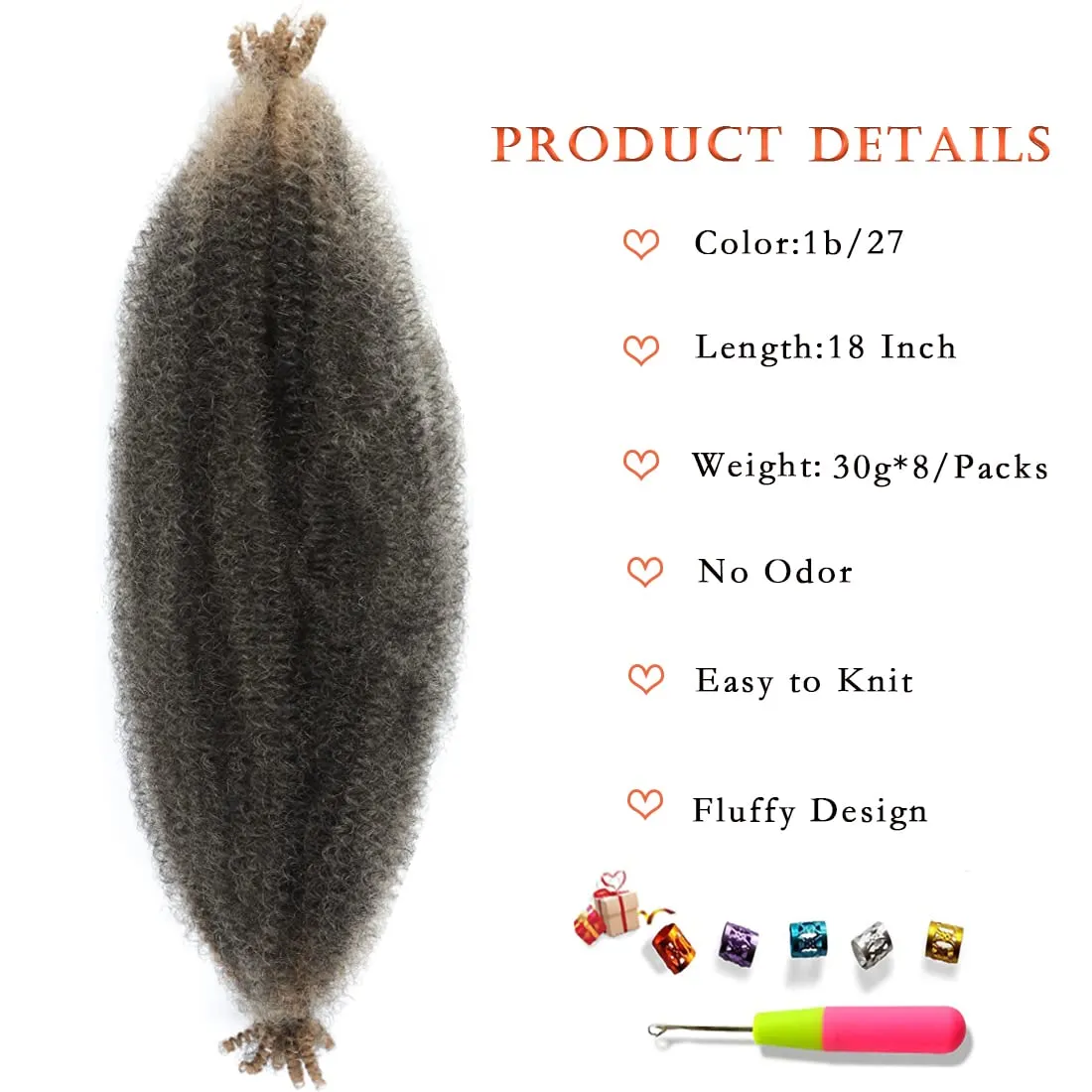 8 Packs Pre-Separated Springy Afro Twist Hair Suitable for Damaged Soft Locs Synthetic Marley Twist Braiding (18 Inch, 1b/27)