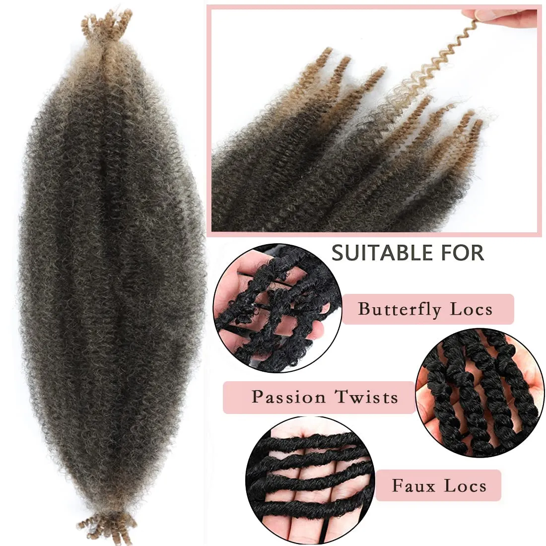 8 Packs Pre-Separated Springy Afro Twist Hair Suitable for Damaged Soft Locs Synthetic Marley Twist Braiding (18 Inch, 1b/27)