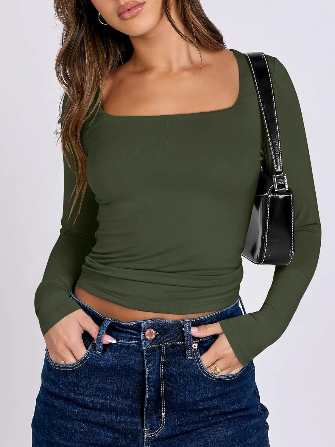 ANRABESS Women Double Lined Long Sleeve Crop Tops Shirts Square Neck Tight Fitted Going Out T-Shirt Basic Tee Outfits 2025