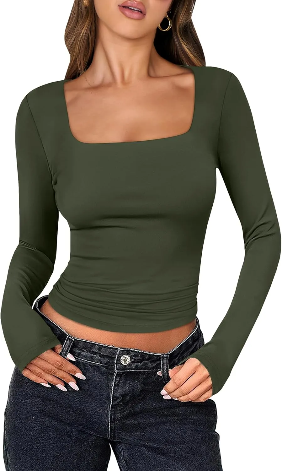 ANRABESS Women Double Lined Long Sleeve Crop Tops Shirts Square Neck Tight Fitted Going Out T-Shirt Basic Tee Outfits 2025