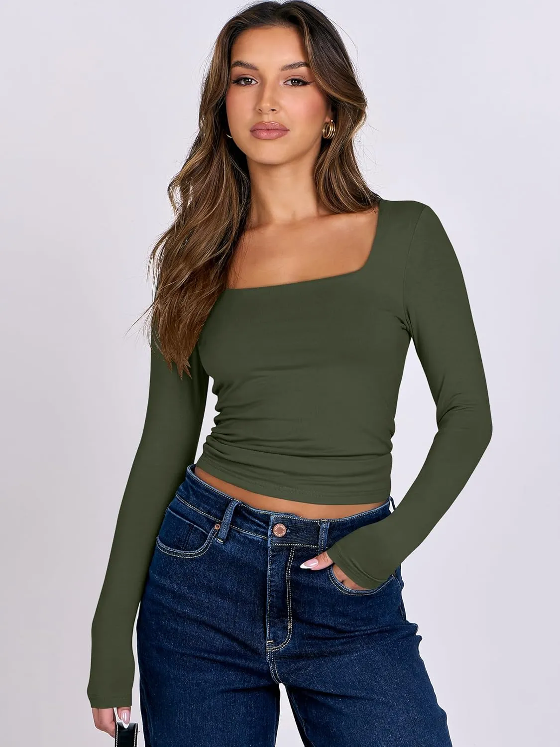 ANRABESS Women Double Lined Long Sleeve Crop Tops Shirts Square Neck Tight Fitted Going Out T-Shirt Basic Tee Outfits 2025