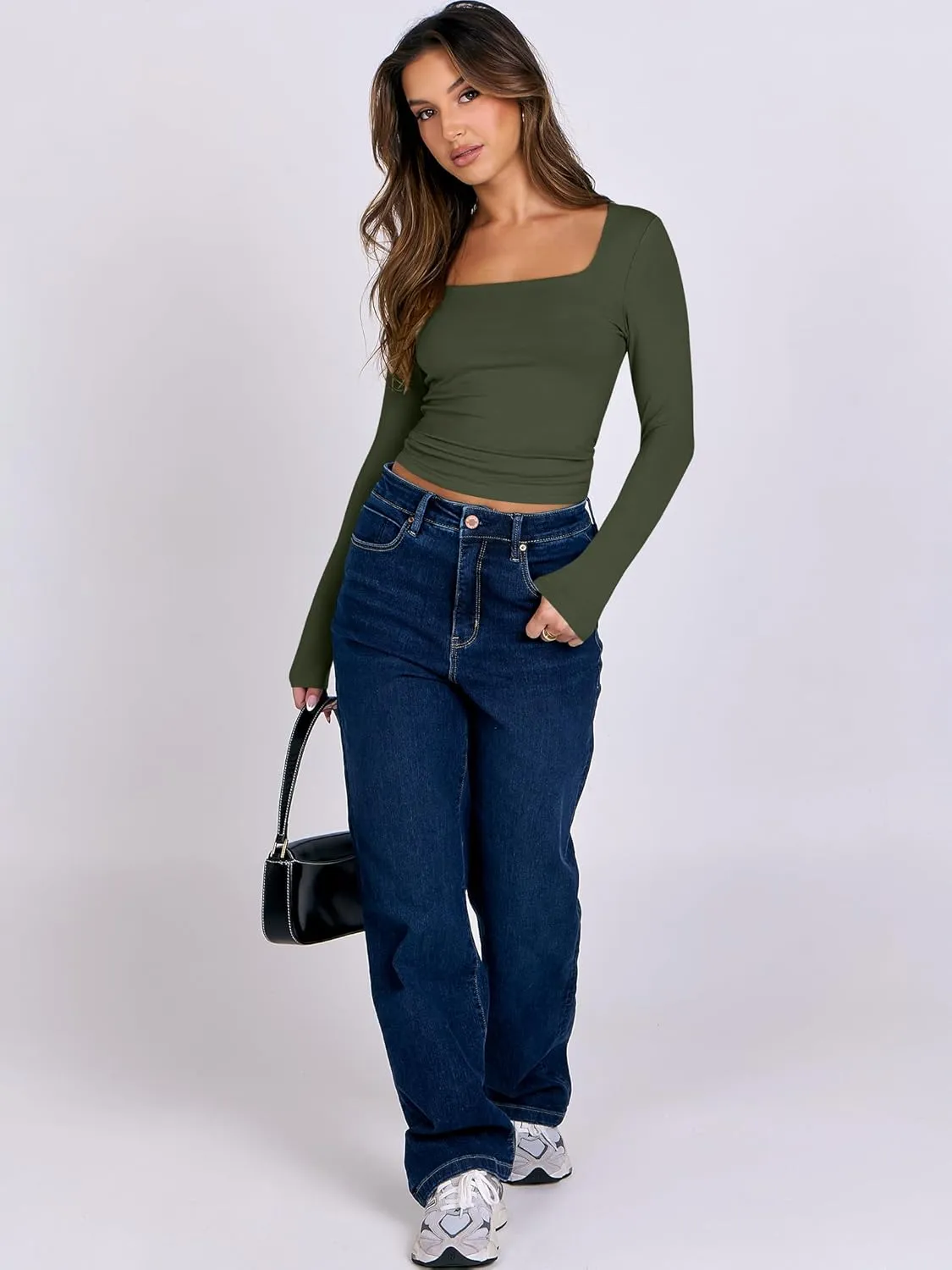 ANRABESS Women Double Lined Long Sleeve Crop Tops Shirts Square Neck Tight Fitted Going Out T-Shirt Basic Tee Outfits 2025
