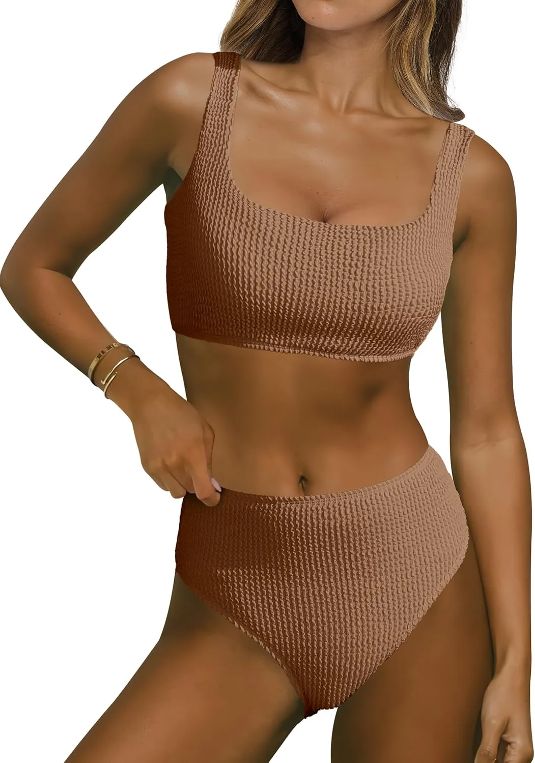 ANRABESS Women Swimsuits Two Piece Bikini Set High Waisted Ribbed Tummy Control Modest Bathing Suits 2025 Beach Swim Wear