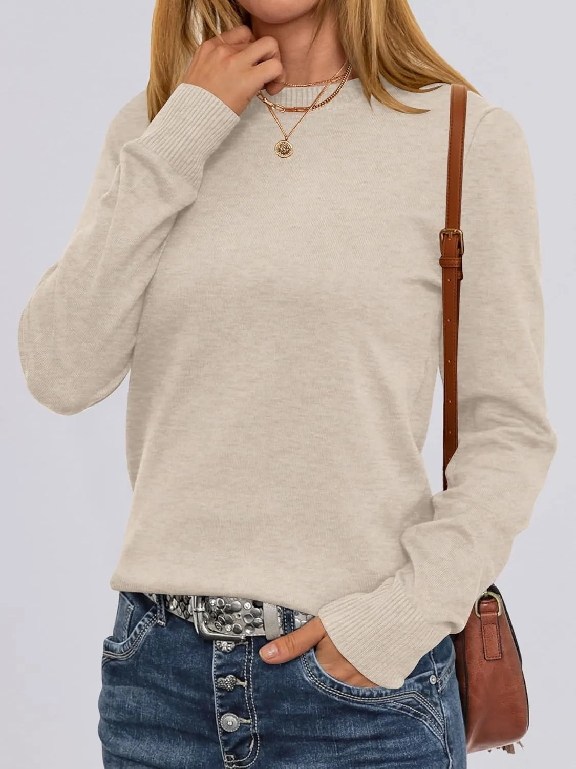 ANRABESS Women's Long Sleeve Crewneck Classic 2025 Fall Soft Loose Fit Basic Pullover Sweaters Top