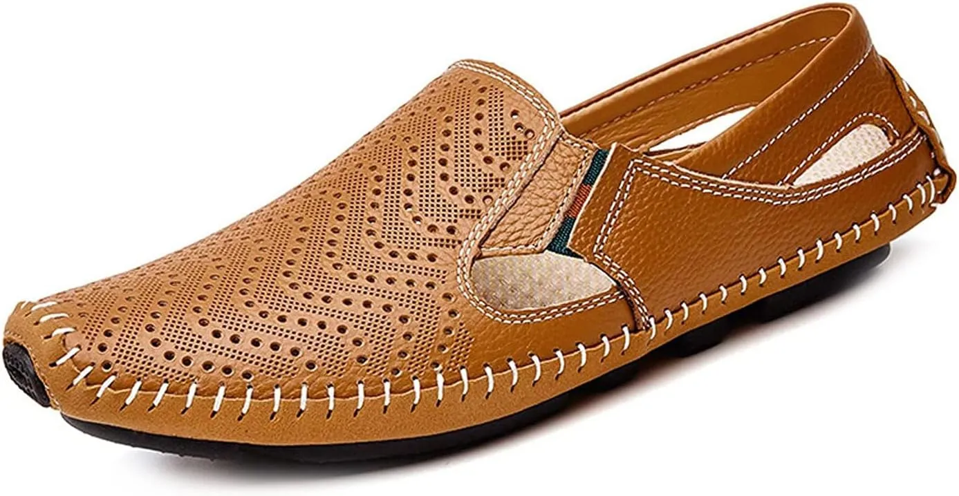 Asifn Mens Leather Driving Loafer Lightweight Slip-on Breathable Walking Boat Shoes Flat Slippers Outdoor Moccasin