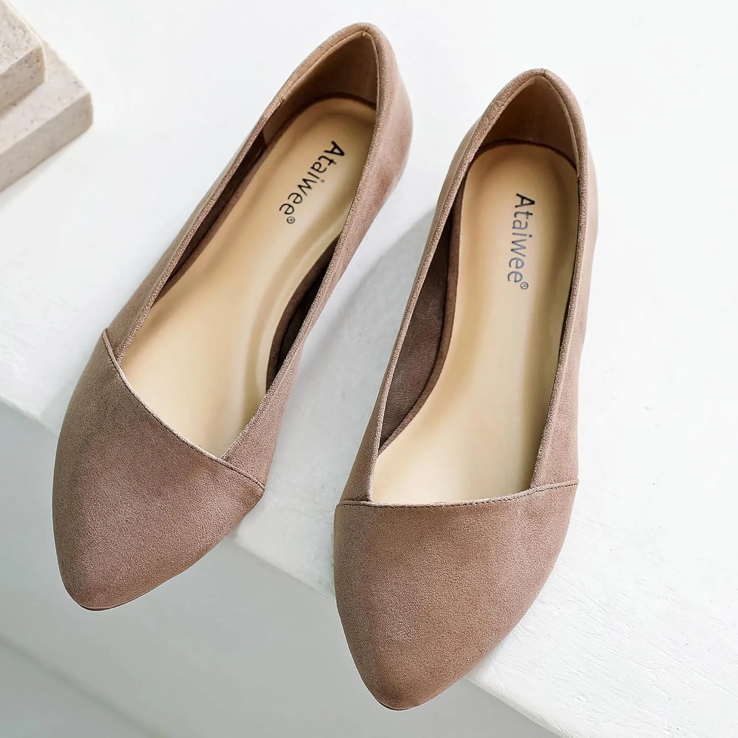 Ataiwee Women's Wide Width Flat Shoes, Classic Dressy Pointed Suede Cozy Slip on Soft Ballet Flats.