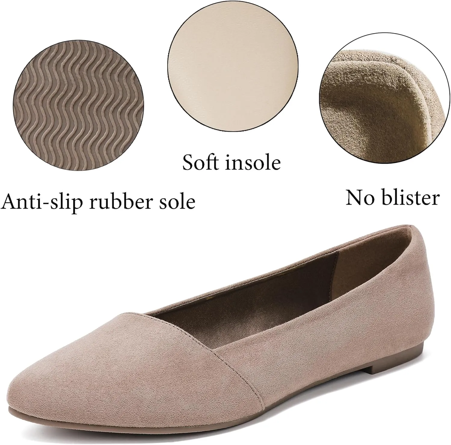 Ataiwee Women's Wide Width Flat Shoes, Classic Dressy Pointed Suede Cozy Slip on Soft Ballet Flats.