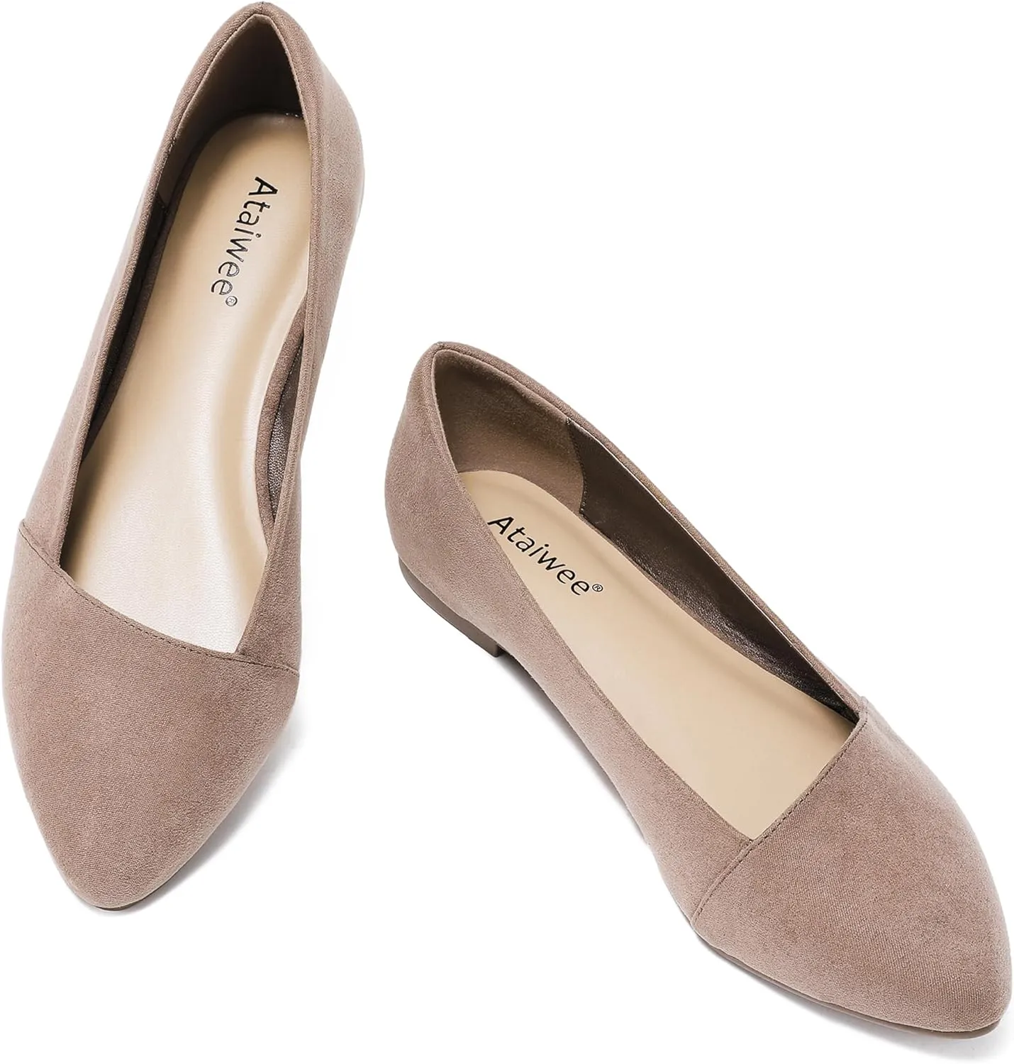 Ataiwee Women's Wide Width Flat Shoes, Classic Dressy Pointed Suede Cozy Slip on Soft Ballet Flats.