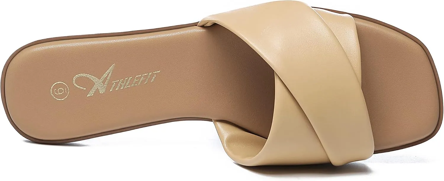 Athlefit Women's Summer Flat Sandals Slip On Square Toe Soft Leather Slide Sandals