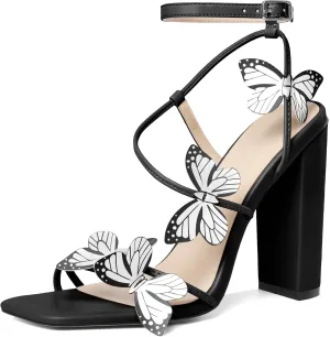 AUMOTED Womens Sandals Chunky Block High Heels Butterfly Wings Heeled Sandals Strappy Open Square Toe Summer Dress Shoes 4 Inch