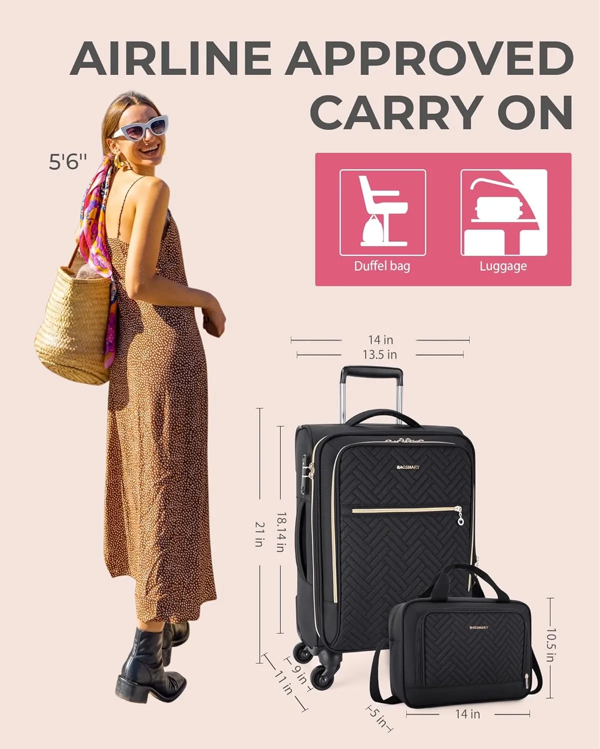 BAGSMART Carry On Luggage 20 Inch, Expandable Suitcase, Luggage with Duffel Luggage Airline Approved Rolling Softside Suitcases Women Men, Carry-On Black Square Quilted