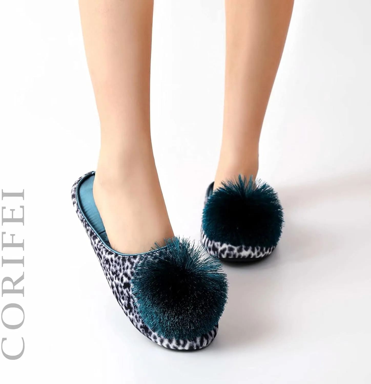 Ballerina Slippers for Women with Pom-pom Soft House Shoes Indoor Slip On with Flexible Rubber Sole