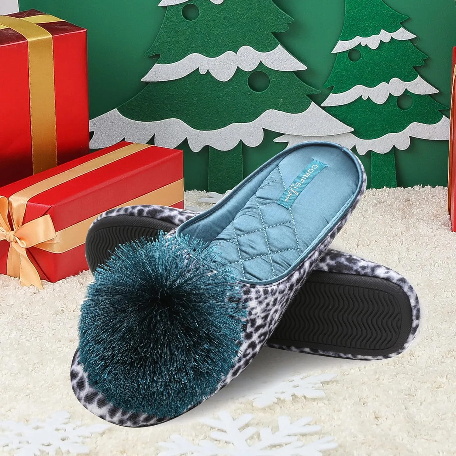 Ballerina Slippers for Women with Pom-pom Soft House Shoes Indoor Slip On with Flexible Rubber Sole