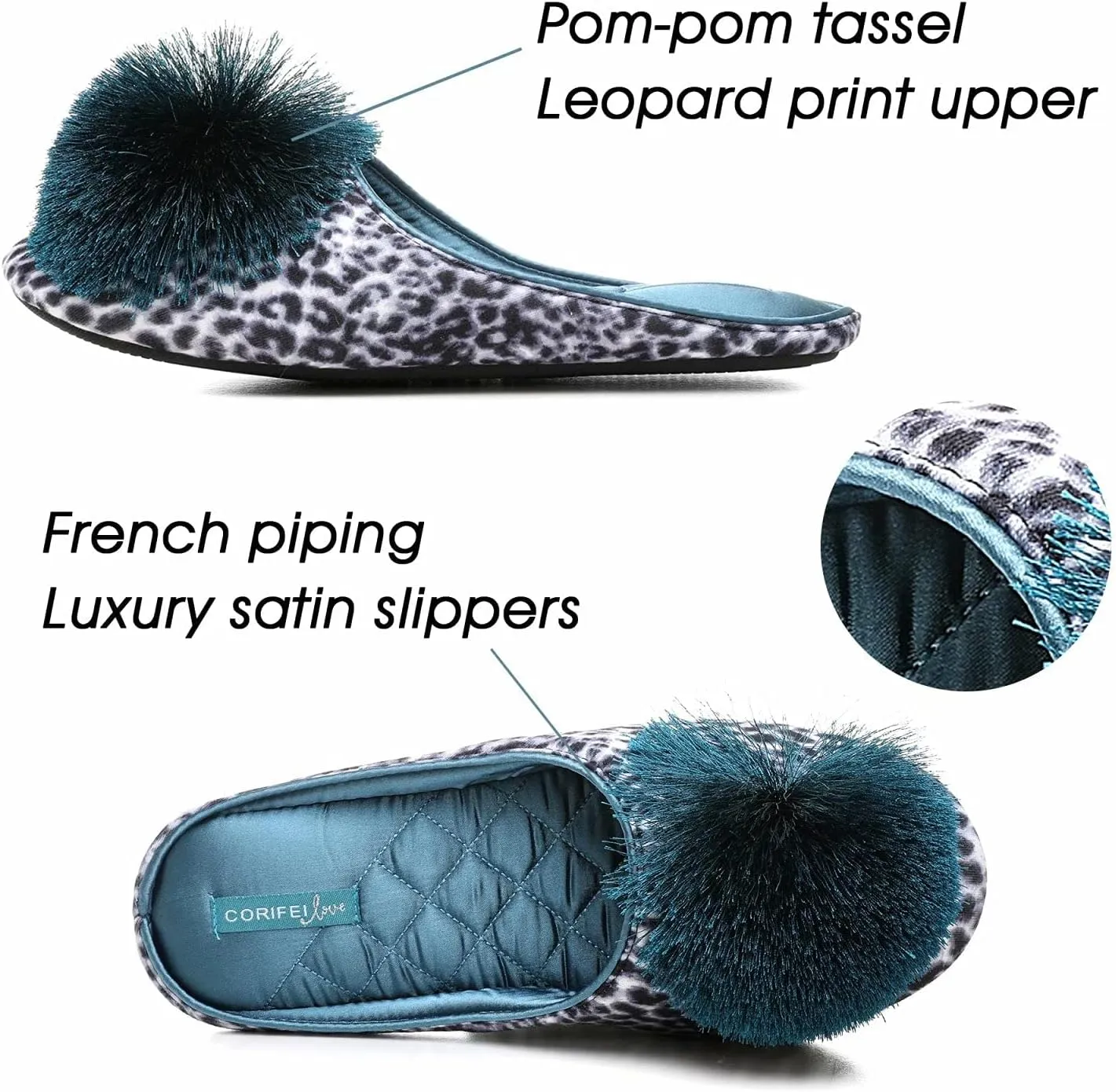 Ballerina Slippers for Women with Pom-pom Soft House Shoes Indoor Slip On with Flexible Rubber Sole