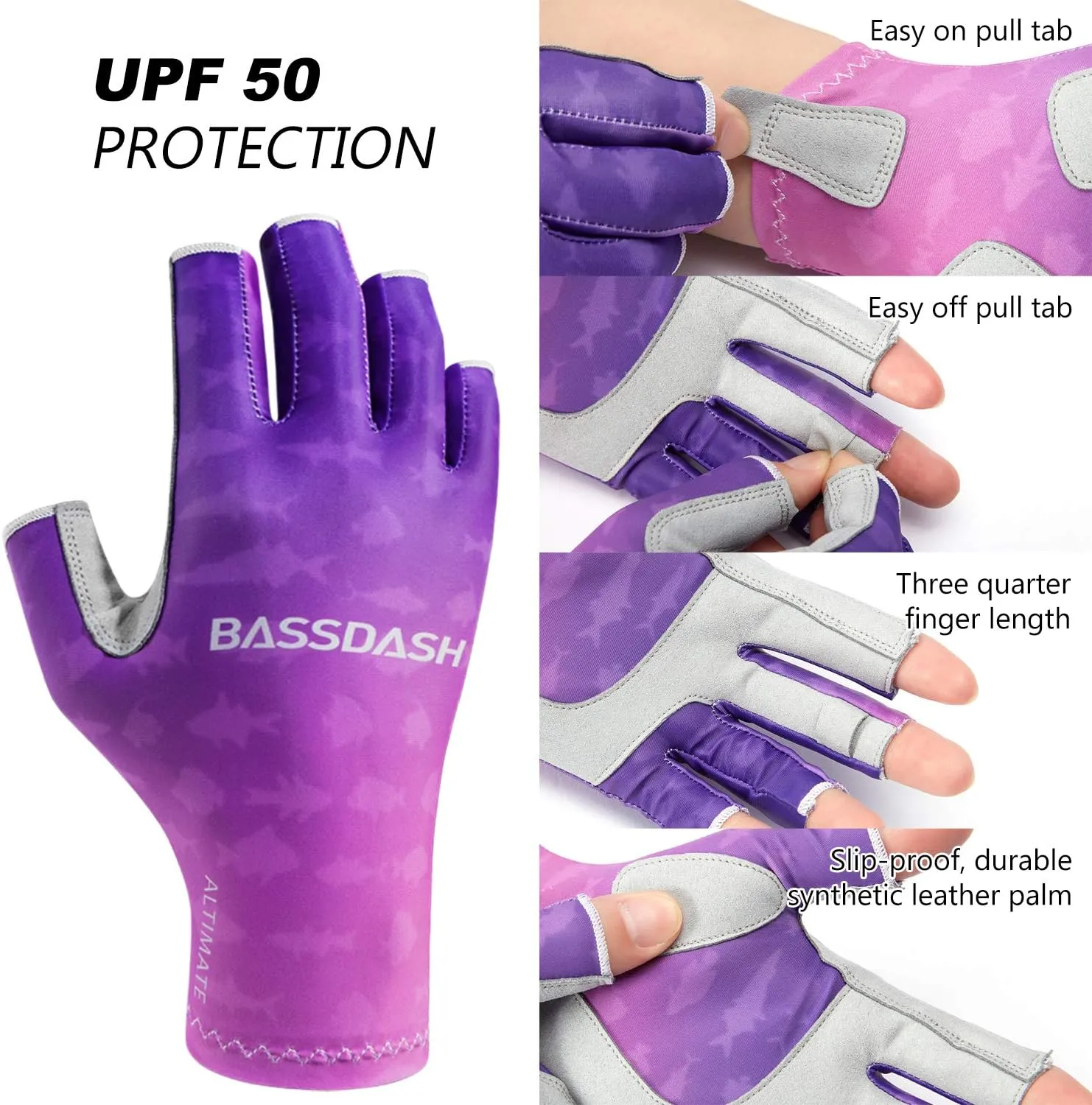 BASSDASH ALTIMATE UPF 50  Women’s Fishing Gloves UV Sun Protection Fingerless Gloves for Kayaking Paddling Hiking Cycling Driving Shooting Training