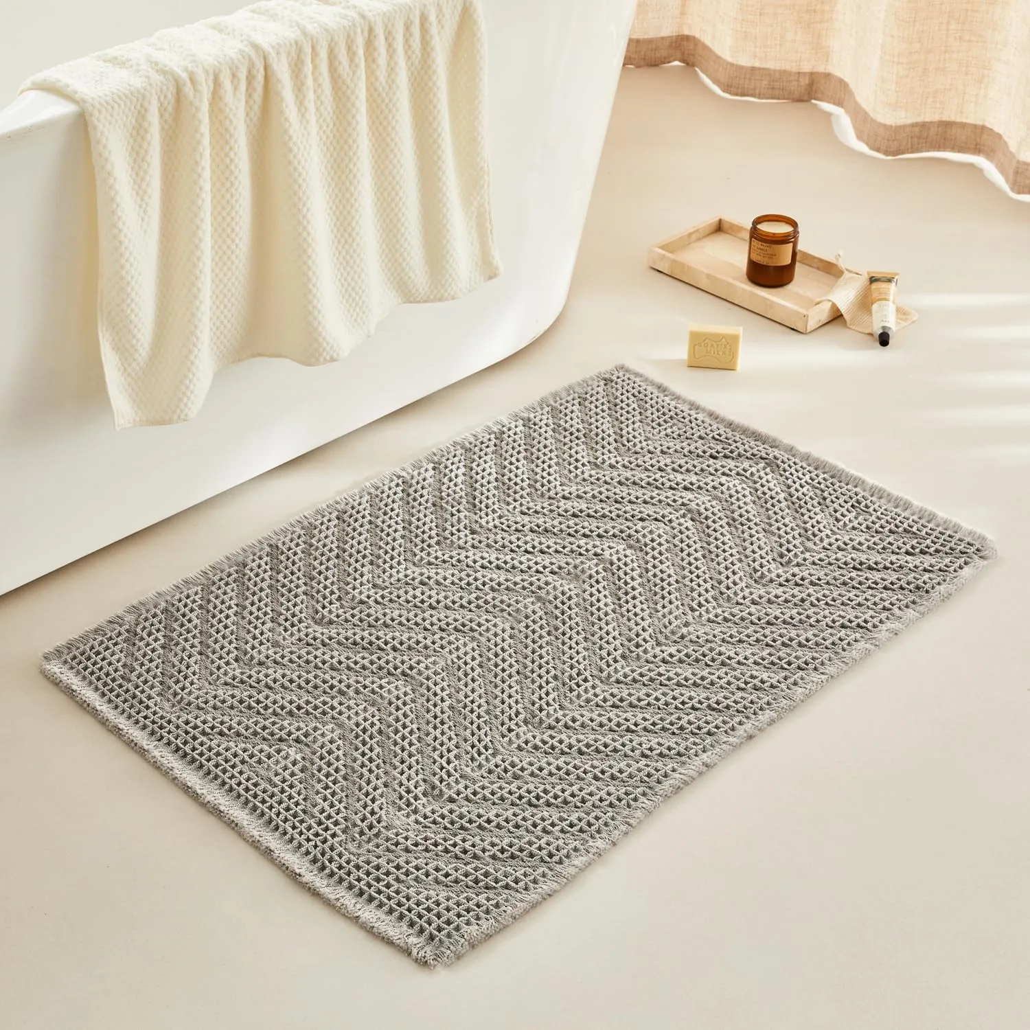 Bathroom Mat, Upgraded Waffle, Super Absorbent Non Slip, Machine Washable, Quick Dry, Ultra Soft, Gray, 24" x 36"