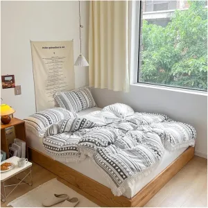 Bed Sheets Set, Soft Cotton Textured Duvet Cover Set with Tassel Fringe Boho Chic Bedding Sets Twin Queen Comforter Cover Bed Sheet Pillowcases(B,Twin)