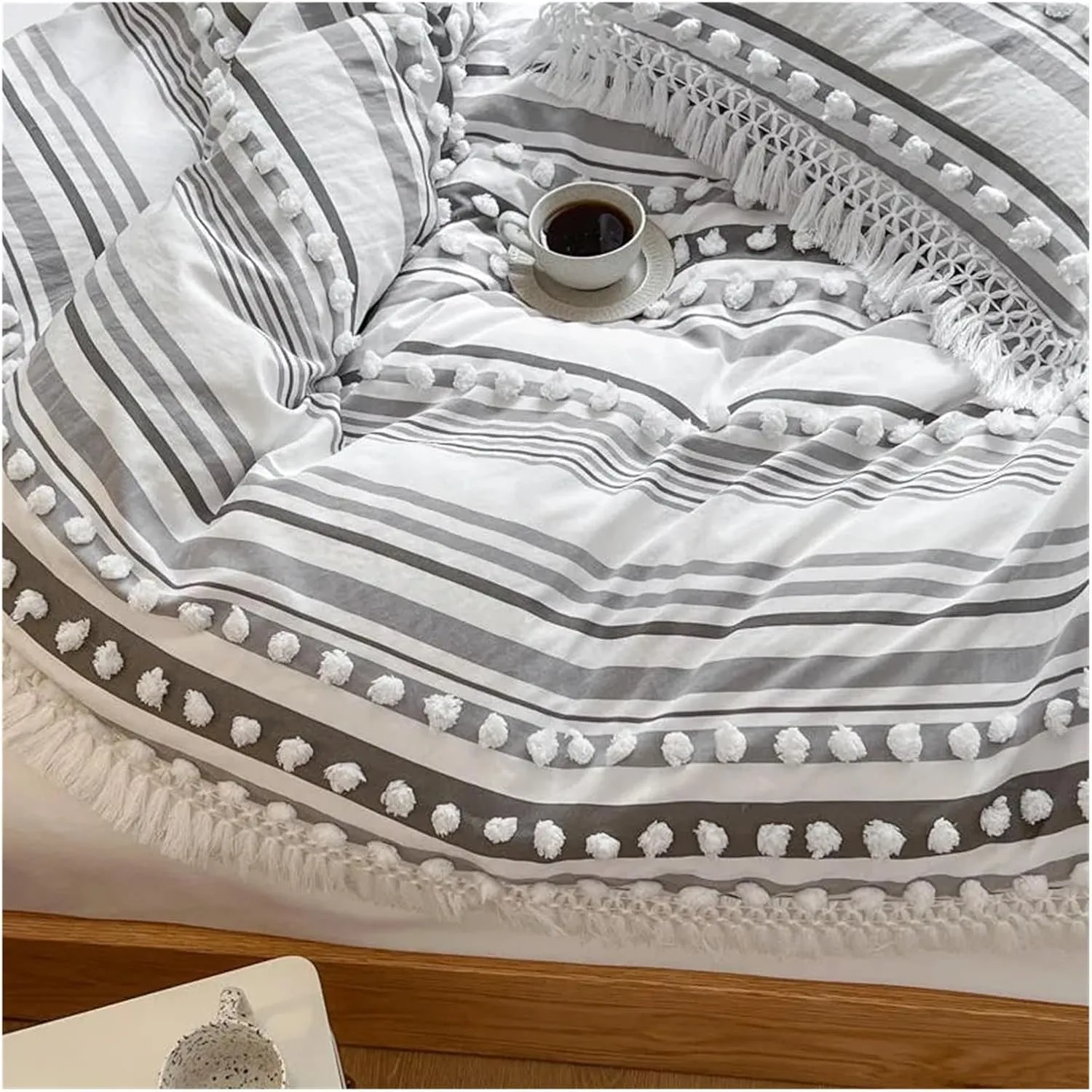 Bed Sheets Set, Soft Cotton Textured Duvet Cover Set with Tassel Fringe Boho Chic Bedding Sets Twin Queen Comforter Cover Bed Sheet Pillowcases(B,Twin)