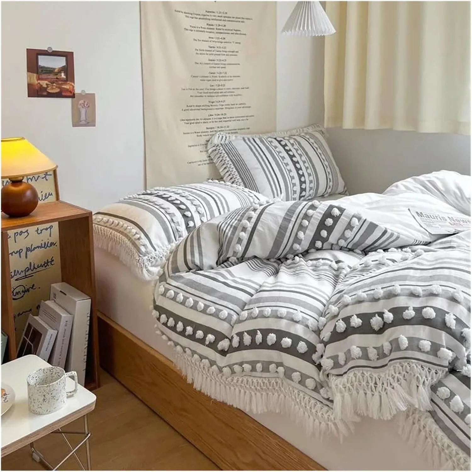 Bed Sheets Set, Soft Cotton Textured Duvet Cover Set with Tassel Fringe Boho Chic Bedding Sets Twin Queen Comforter Cover Bed Sheet Pillowcases(B,Twin)