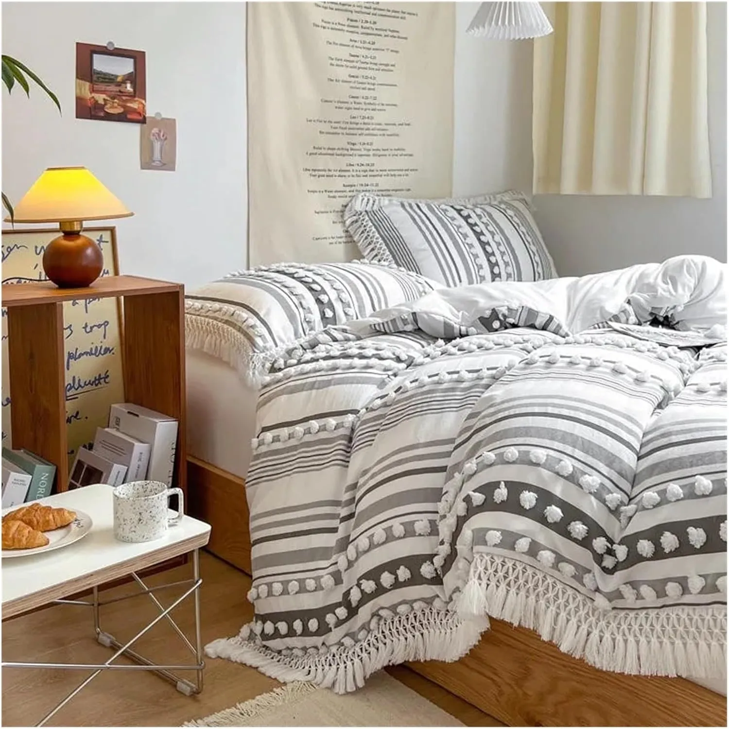 Bed Sheets Set, Soft Cotton Textured Duvet Cover Set with Tassel Fringe Boho Chic Bedding Sets Twin Queen Comforter Cover Bed Sheet Pillowcases(B,Twin)