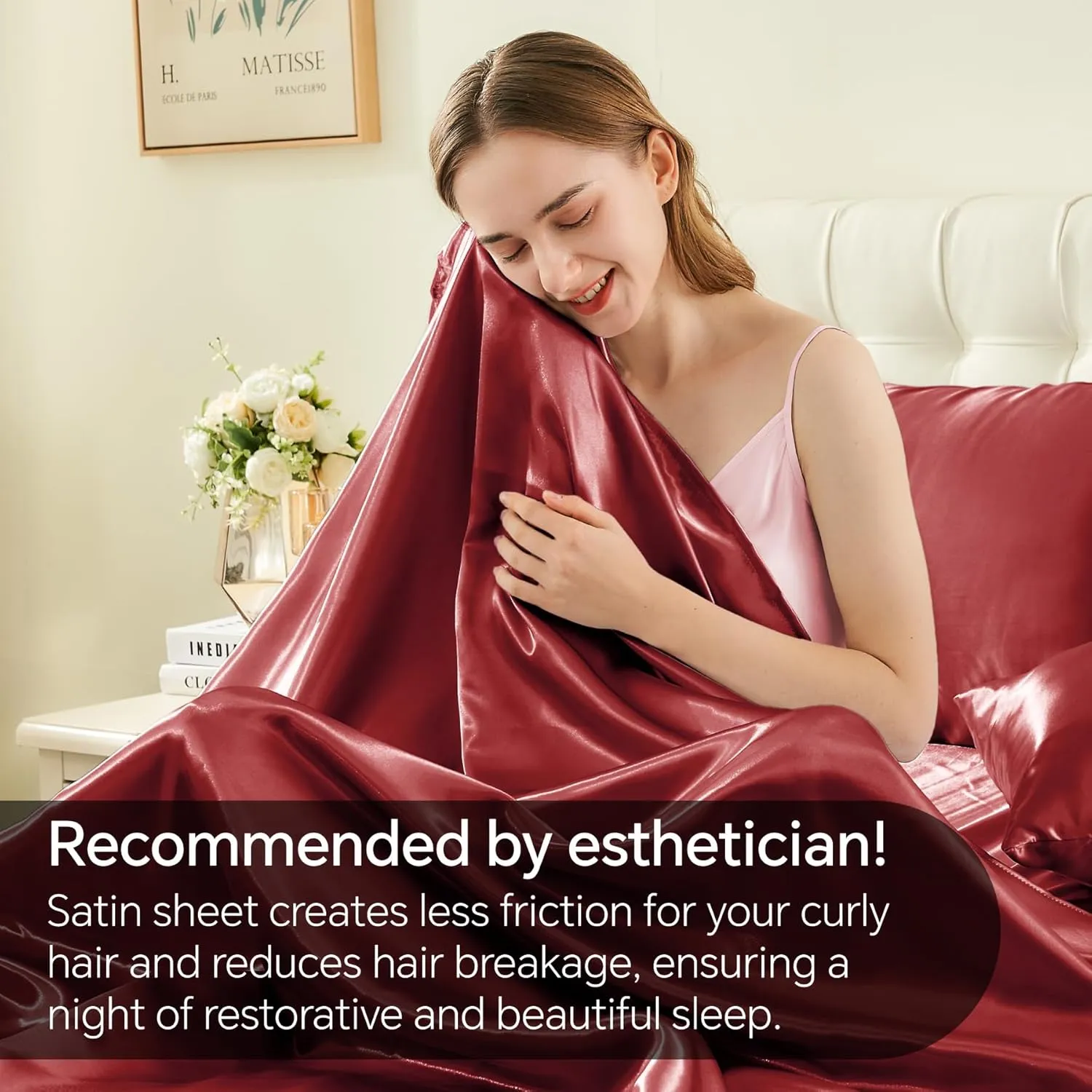 BEDELITE Satin Sheets Queen Size Bed Set, Luxury Soft Burgundy Silky Sheets for Hair and Skin, Similar to Silk Bed Sheets Set 4 Pieces （1 Deep Pocket Fitted Sheet, 1 Flat Sheet, and 2 Pillowcases）