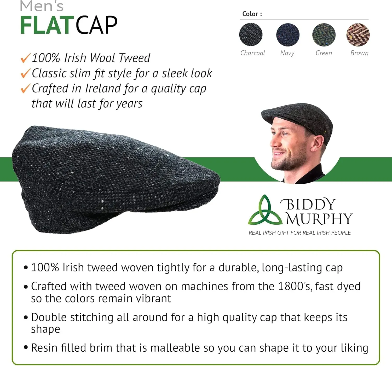 Biddy Murphy Irish Newsboy Flat Cap for Men, Tuck-Away Ear Flaps Slim Fit 100% Wool, Imported