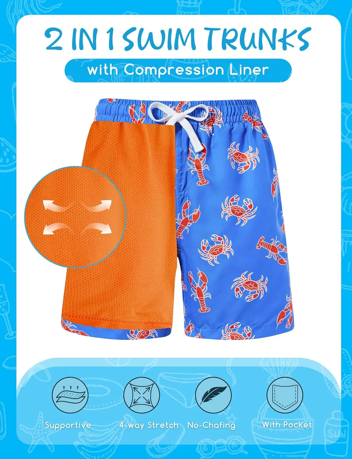 Boys Swim Trunks with Compression Liner for 6-20 Years Kids Quick Dry Bathing Suit