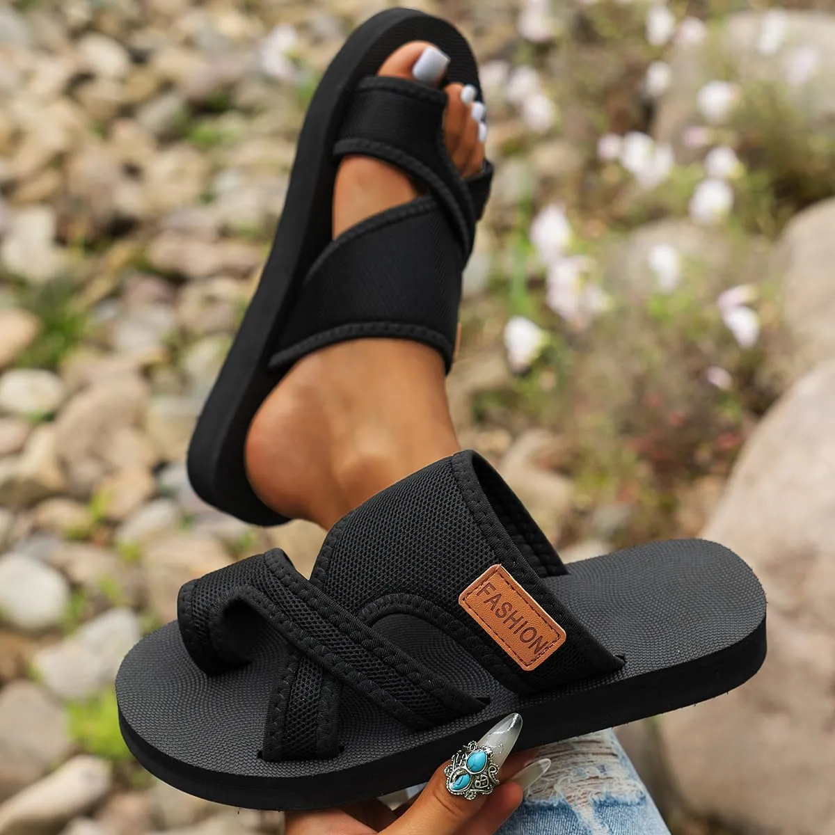 Breathable Mesh Slide Sandals For Women,Hollow Mesh Slide Sandals With Toe Loop, Summer Casual Mesh Flats Slippers