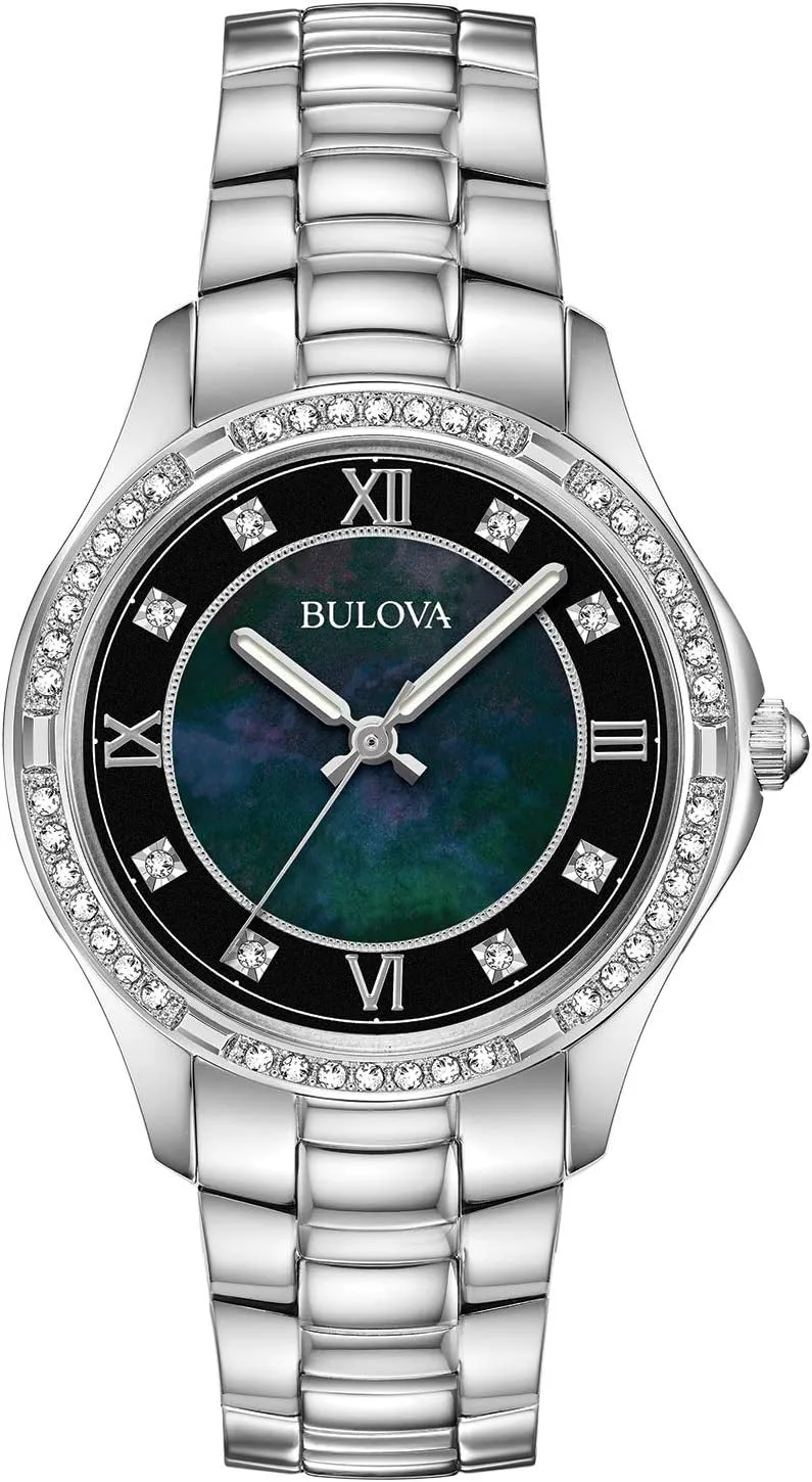 Bulova Ladies' Classic Crystal Stainless Steel 2-Hand Quartz Watch, Black Mother-of-Pearl Dial Style: 96L266