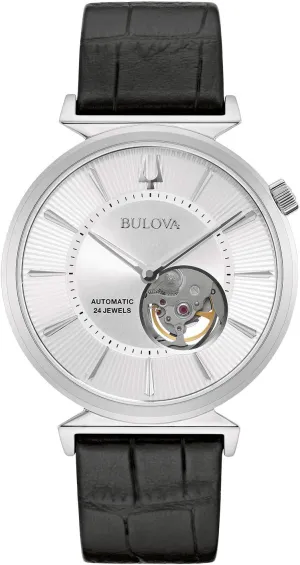 Bulova Men's Classic Regatta Stainless Steel 3-Hand Automatic Black Leather Strap Watch with Open Aperture Watch Style: 96A240