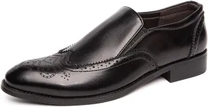 Business Loafer for Men Almond Toe Semi Brogues Synthetic Leather Sides Elastic Gussets Rubber Sole Block Heel Slip on Shoes