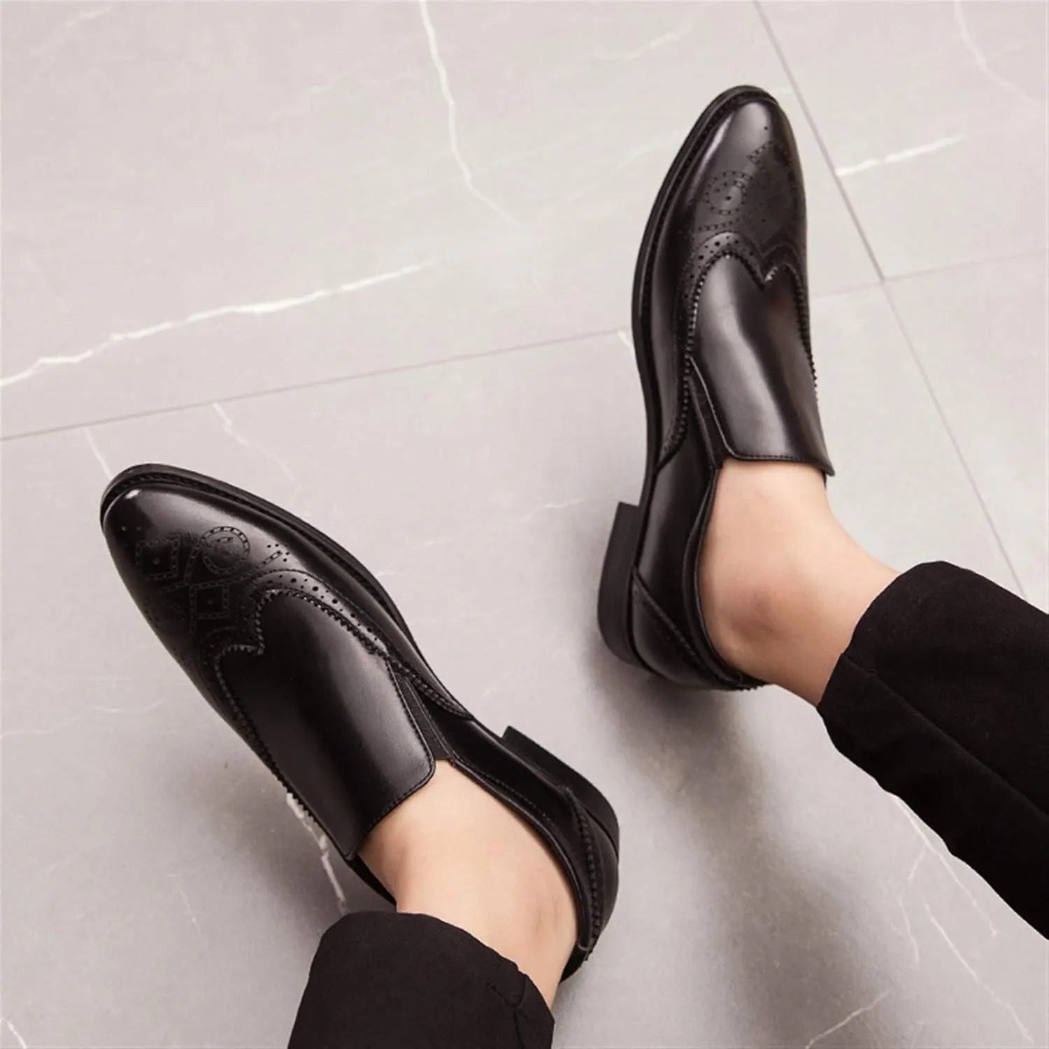 Business Loafer for Men Almond Toe Semi Brogues Synthetic Leather Sides Elastic Gussets Rubber Sole Block Heel Slip on Shoes