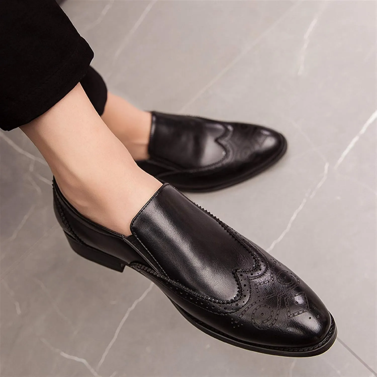 Business Loafer for Men Almond Toe Semi Brogues Synthetic Leather Sides Elastic Gussets Rubber Sole Block Heel Slip on Shoes