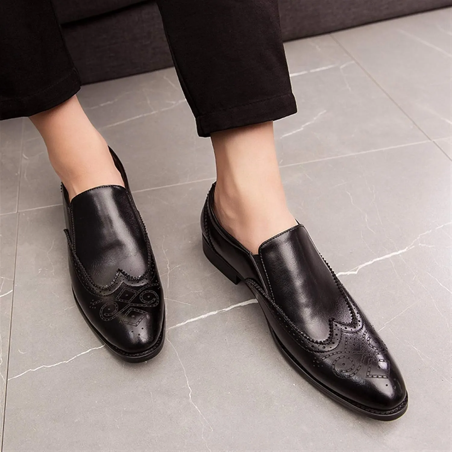 Business Loafer for Men Almond Toe Semi Brogues Synthetic Leather Sides Elastic Gussets Rubber Sole Block Heel Slip on Shoes