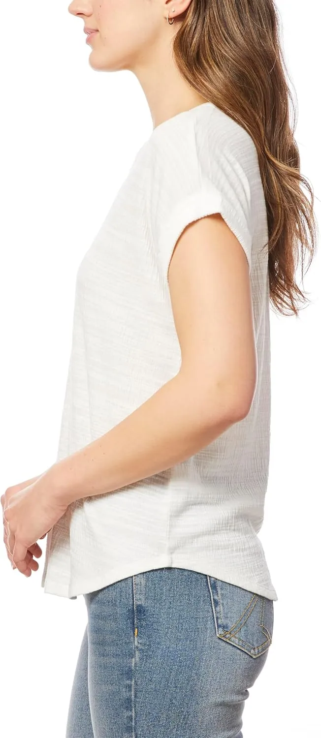 Cable & Gauge Cap Sleeve Embroidered Split Neck Top
