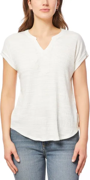 Cable & Gauge Cap Sleeve Embroidered Split Neck Top